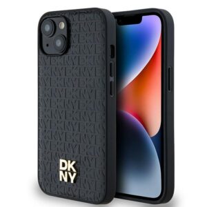 DKNY DKHMP14SPSHRPSK Apple iPhone 14 15 13 juodos spalvos kietas dėklas Leather Monogram Pattern Metal Logo MagSafe
