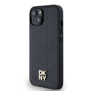 DKNY DKHMP14SPSHRPSK Apple iPhone 14 15 13 juodos spalvos kietas dėklas Leather Monogram Pattern Metal Logo MagSafe - Image 2
