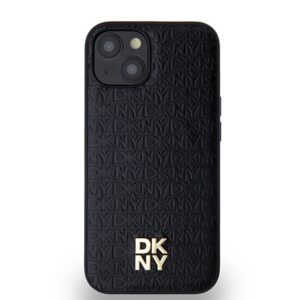 DKNY DKHMP14SPSHRPSK Apple iPhone 14 15 13 juodos spalvos kietas dėklas Leather Monogram Pattern Metal Logo MagSafe - Image 3