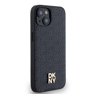 DKNY DKHMP14SPSHRPSK Apple iPhone 14 15 13 juodos spalvos kietas dėklas Leather Monogram Pattern Metal Logo MagSafe - Image 4