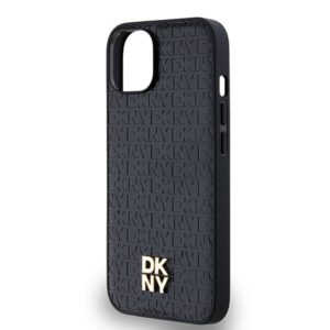 DKNY DKHMP14SPSHRPSK Apple iPhone 14 15 13 juodos spalvos kietas dėklas Leather Monogram Pattern Metal Logo MagSafe - Image 6