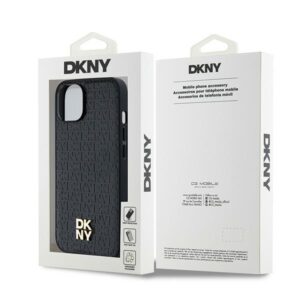 DKNY DKHMP14SPSHRPSK Apple iPhone 14 15 13 juodos spalvos kietas dėklas Leather Monogram Pattern Metal Logo MagSafe - Image 8