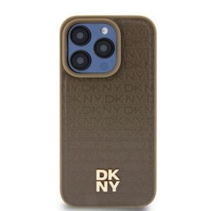 DKNY DKHMP14SPSHRPSW Apple iPhone 14   15   13 6.1 inch rudos spalvos kietas dėklas Leather Pattern Metal Logo MagSafe