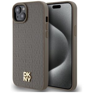 DKNY DKHMP15MPSHRPSW Apple iPhone 15 Plus 14 Plus 6.7 inch rudos spalvos kietas dėklas Leather Pattern Metal Logo Mag - Image 1