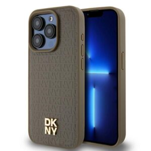 DKNY DKHMP15LPSHRPSW Apple iPhone 15 Pro 6.1 inch rudos spalvos kietas dėklas Leather Monogram Pattern Metal Logo MagSa