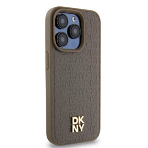DKNY DKHMP15LPSHRPSW Apple iPhone 15 Pro 6.1 inch rudos spalvos kietas dėklas Leather Monogram Pattern Metal Logo MagSa - Image 4