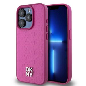 DKNY DKHMP15LPSHRPSP Apple iPhone 15 Pro 6.1 inch rožinės spalvos kietas dėklas Leather Monogram Pattern Metal Logo MagSaf - Image 1