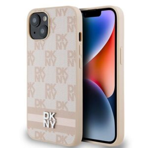 DKNY DKHCP15SPCPTSSP Apple iPhone 15 Plus   14 Plus 6.7 inch rožinės spalvos kietas dėklas Leather Checkered Mono Pattern