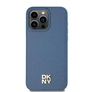 DKNY DKHMP15SPSHRPSB Apple iPhone 15   14   13 6.1 inch blue kietas dėklas Leather Pattern Metal Logo MagSafe