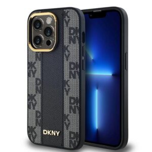 DKNY DKHMP14XPCPVSLK Apple iPhone 14 Pro Max 6.7" juodos spalvos kietas dėklas Leather Checkered Mono Pattern MagSafe