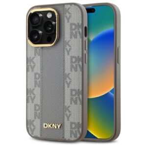 DKNY DKHMP14LPCPVSLE Apple iPhone 14 Pro 6.1" beige kietas dėklas Leather Checkered Mono Pattern MagSafe - Image 1