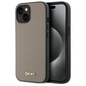 DKNY DKHMP15SPGHLME Apple iPhone 15 6.1" beige kietas dėklas Grained Metal Logo MagSafe