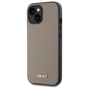 DKNY DKHMP15SPGHLME Apple iPhone 15 6.1" beige kietas dėklas Grained Metal Logo MagSafe - Image 2