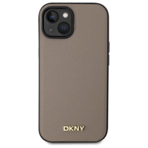 DKNY DKHMP15SPGHLME Apple iPhone 15 6.1" beige kietas dėklas Grained Metal Logo MagSafe - Image 3