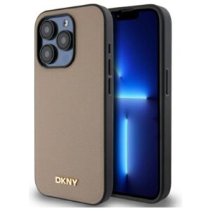 DKNY DKHMP15XPGHLME Apple iPhone 15 Pro Max 6.7" beige kietas dėklas Grained Metal Logo MagSafe