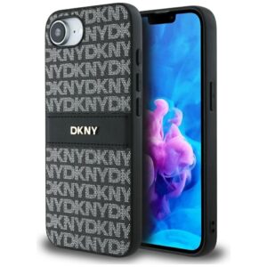 Dėklas DKNY Repeat Texture Pattern with Tonal Stripe Apple iPhone 16e / 17e juodos spalvos