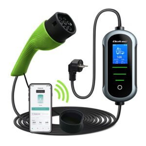 Qoltec 52435 Mobilus elektromobilio įkroviklis su 2in1 2 tipo reguliavimu | 3,5 kW | 230 V | SCHUKO 16A | Wi-Fi | TUYA | SMART LIFE | LCD | LED | Nešiojamas | 5 m