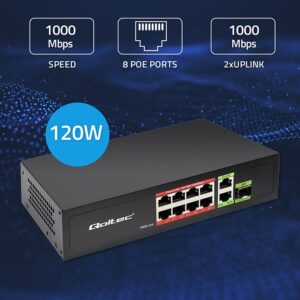 Qoltec 52297 GREITO Ethernet PoE KOMUTATORIUS 8x RJ45 PoE 2x RJ45 Uplink 1x SFP | 120W | 1000 Mb - Image 2