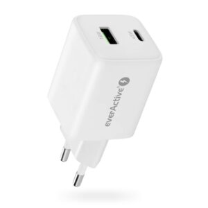 GaN tinklinis įkroviklis su 1 USB ir 1 USB-C jungtimis, palaikantis Quick Charge 4.0 technologiją, 45 W, baltas