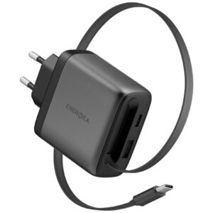 Laidinis įkroviklis Energea Ampcharge Arc 65 USB-A/USB-C + retractable USB-C cable PD/PPS/QC3.0 GaN gunmeta - Image 1