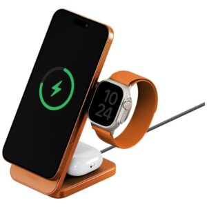Belaidis įkroviklis Energea MagTrio 2 3-in-1 Qi2 25W foldable oranžinės spalvos