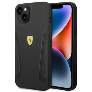 Ferrari FEHCP14MRBUK Apple iPhone 14 Plus / 15 Plus 6.7" juodos spalvos kietas dėklas Leather Stamp Sides