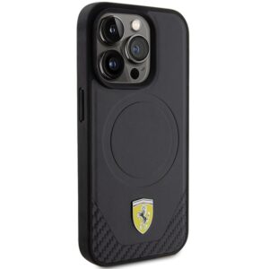 Ferrari FEHMP15LPTEK Apple iPhone 15 Pro 6.1" juodos spalvos kietas dėklas Carbon Metal Logo MagSafe - Image 4