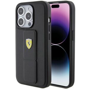 Ferrari FEHCP15LGSPSIK Apple iPhone 15 Pro6.1" juodos spalvos kietas dėklas Grip Stand Metal Logo