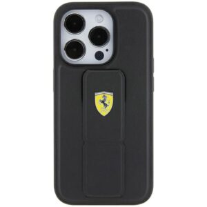 Ferrari FEHCP15XGSPSIK Apple iPhone 15 Pro Max 6.7" juodos spalvos kietas dėklas Grip Stand Metal Logo - Image 4
