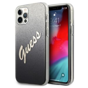 Guess GUHCP12MPCUGLSBK Apple iPhone 12/12 Pro 6,1" juodos spalvos kietas dėklas Glitter Gradient Script