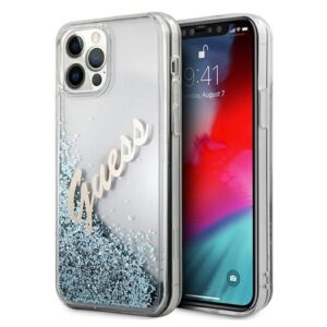 Guess GUHCP12LGLVSBL Apple iPhone 12 Pro Max 6,7" blue kietas dėklas Glitter Vintage Script