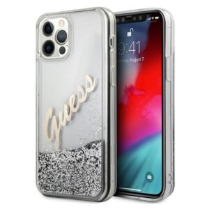 Guess GUHCP12LGLVSSI Apple iPhone 12 Pro Max 6,7" silver kietas dėklas Glitter Vintage Script