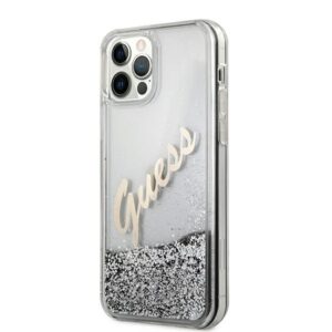Guess GUHCP12LGLVSSI Apple iPhone 12 Pro Max 6,7" silver kietas dėklas Glitter Vintage Script - Image 2