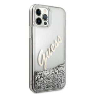 Guess GUHCP12LGLVSSI Apple iPhone 12 Pro Max 6,7" silver kietas dėklas Glitter Vintage Script - Image 4