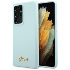 Guess GUHCS21LLSLMGLB S21 Ultra G998 blue kietas dėklas Silicone Script Metal Logo