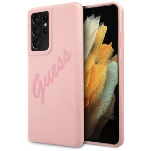 Guess GUHCS21LLSVSPI S21 Ultra G998 rožinės spalvos kietas dėklas Script Vintage