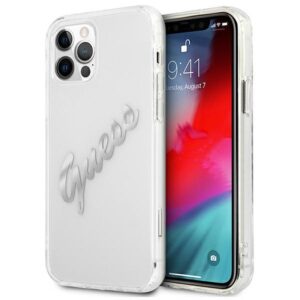 Guess GUHCP12MKTRSVSI Apple iPhone 12/12 Pro 6,1" skaidrus kietas dėklas Vintage Script Silver