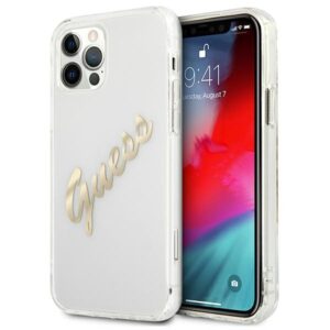 Guess GUHCP12MKTRSVGO Apple iPhone 12/12 Pro 6,1" skaidrus kietas dėklas Vintage Script Gold