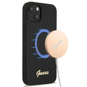 Guess GUHMP13MLSLMGBK Apple iPhone 13 / 14 /15 6,1"juodos spalvos kietas dėklas Silicone Script Gold Logo Magsafe