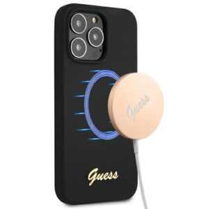 Guess GUHMP13LLSLMGBK Apple iPhone 13 Pro / 13 6,1" juodos spalvos kietas dėklas Silicone Script Gold Logo MagSafe - Image 1