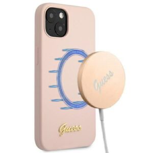 Guess GUHMP13MLSLMGLP Apple iPhone 13 / 14 /15 6,1" light rožinės spalvos kietas dėklas Silicone Script Gold Logo Magsaf