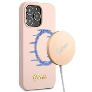 Guess GUHMP13LLSLMGLP Apple iPhone 13 Pro / 13 6,1" light rožinės spalvos kietas dėklas Silicone Script Gold Lo