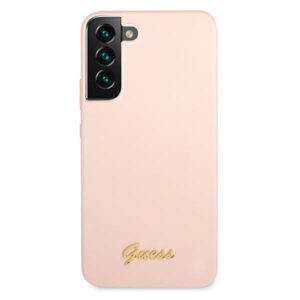 Guess GUHCS22MLSLMGPP S22+ S906 rožinės spalvos kietas dėklas Silicone Script Metal Logo - Image 3