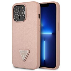 Guess GUHCP13LPSATLP Apple iPhone 13 Pro / 13 6,1" rožinės spalvos kietas dėklas SaffianoTriangle Logo