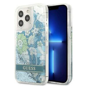 Guess GUHCP13LLFLSN Apple iPhone 13 Pro / 13 6,1" green kietas dėklas Flower Liquid Glitter - Image 1