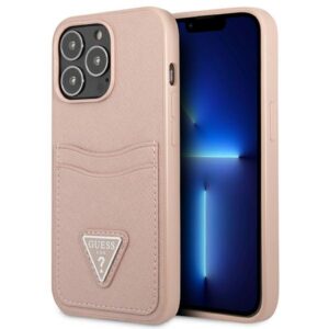 Guess GUHCP13LPSATPP Apple iPhone 13 Pro / 13 6,1" rožinės spalvos kietas dėklas SaffianoTriangle Logo Cardslot - Image 1