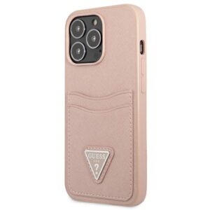 Guess GUHCP13LPSATPP Apple iPhone 13 Pro / 13 6,1" rožinės spalvos kietas dėklas SaffianoTriangle Logo Cardslot - Image 2