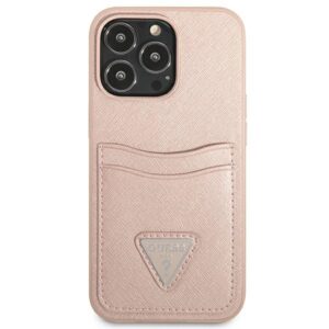Guess GUHCP13LPSATPP Apple iPhone 13 Pro / 13 6,1" rožinės spalvos kietas dėklas SaffianoTriangle Logo Cardslot - Image 3