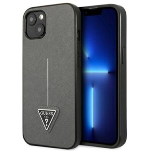 Guess GUHCP14SPSATLG Apple iPhone 14 / 15 / 13 6.1" silver kietas dėklas SaffianoTriangle Logo