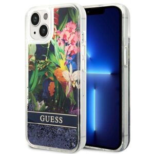 Guess GUHCP14SLFLSB Apple iPhone 14 / 15 / 13 6.1" blue kietas dėklas Flower Liquid Glitter